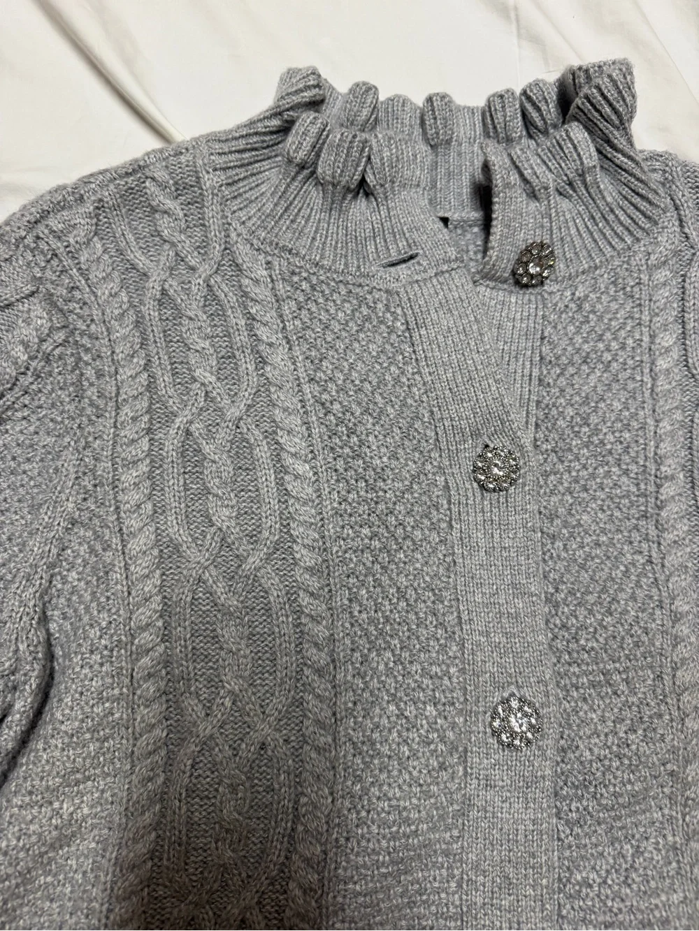 Talbots Light Gray Cable-Knit Ruffle Neck Cardigan - Picture 3 of 5